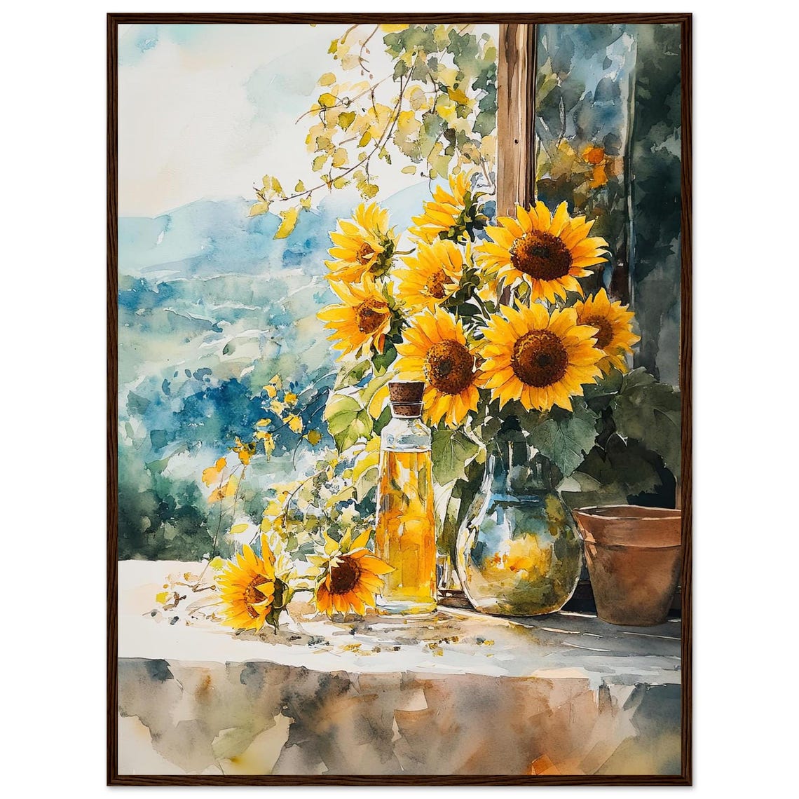 Sunflower Bouquet Watercolor Window Scene Floral Still Life Poster