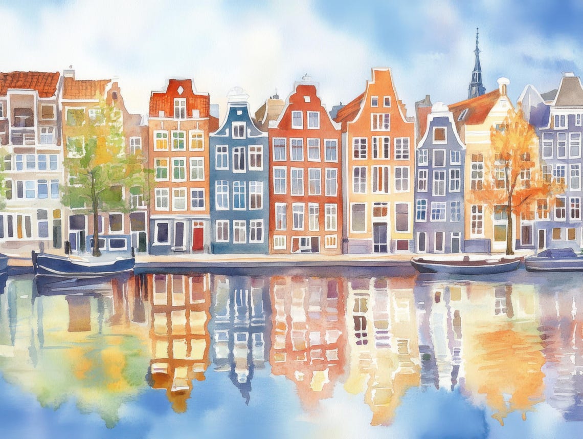 Amsterdam Canal Houses Watercolor Reflection Dutch Architecture Poster