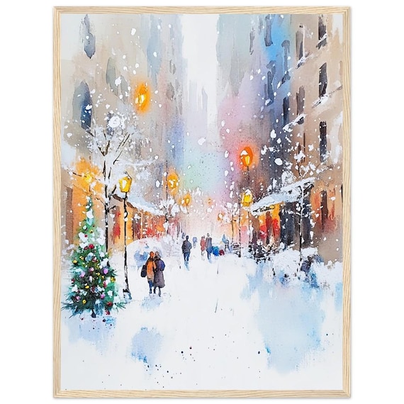 Charming Winter Street Snowy Christmas Tree City Watercolor Poster
