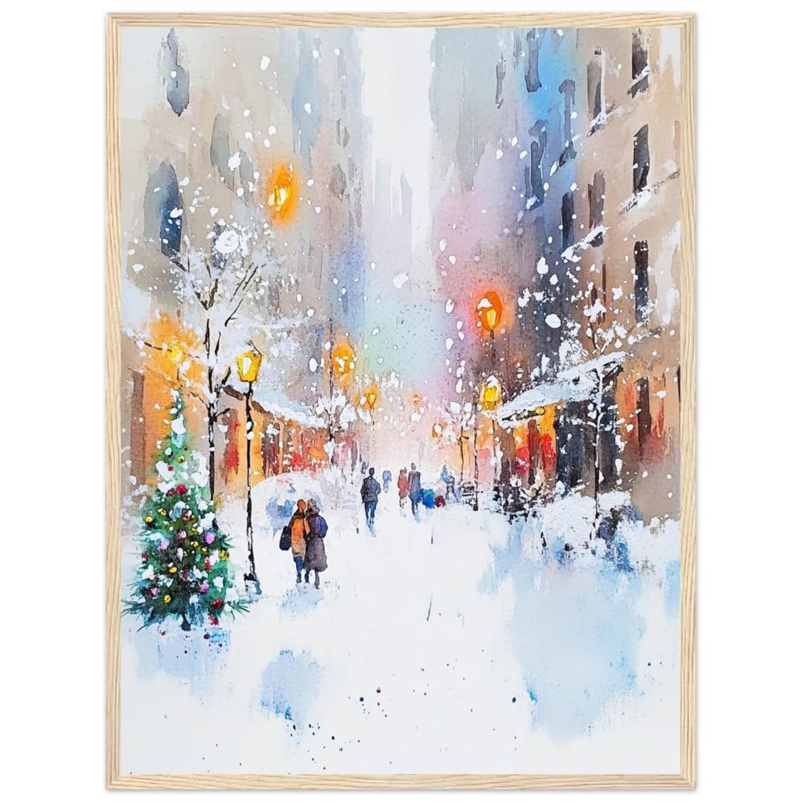 Charming Winter Street Snowy Christmas Tree City Watercolor Poster