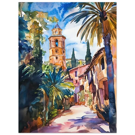 Malaga Spain Church Tower Watercolor Sunlit Palm Street Art Poster