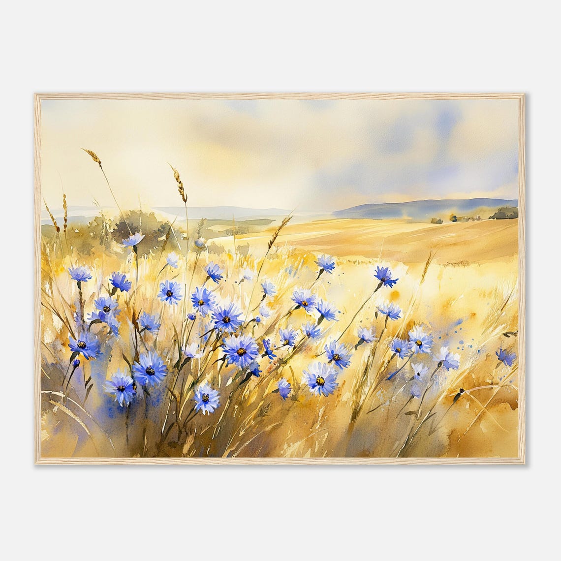 Blue Cornflowers Golden Wheat Field Summer Watercolor Landscape Poster