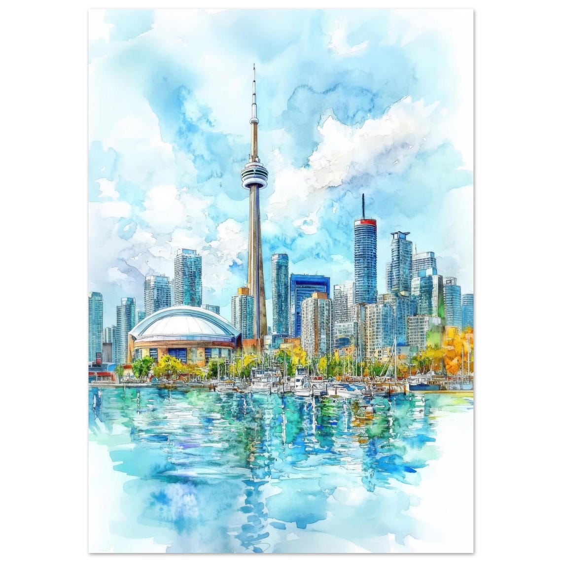 Toronto Canada CN Tower Waterfront Skyline Watercolor Poster