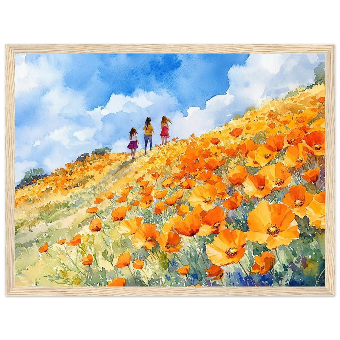 Three Sisters Walking in Poppy Meadow Hills Watercolor Print