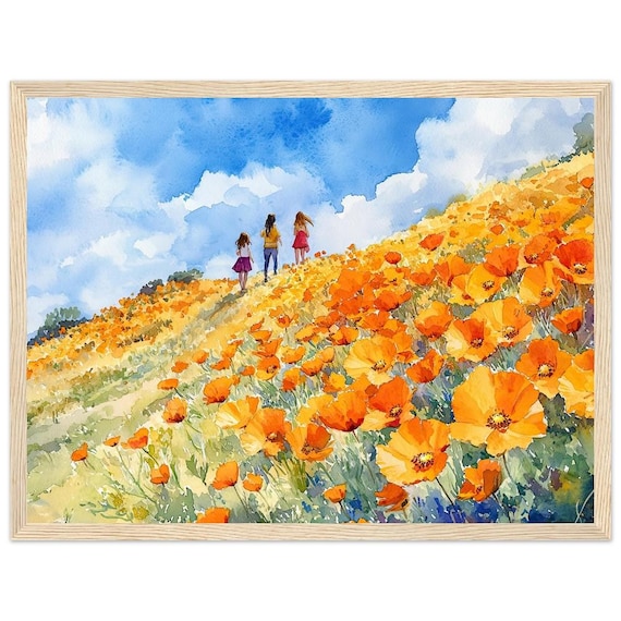 Three Sisters Walking in Poppy Meadow Hills Watercolor Print