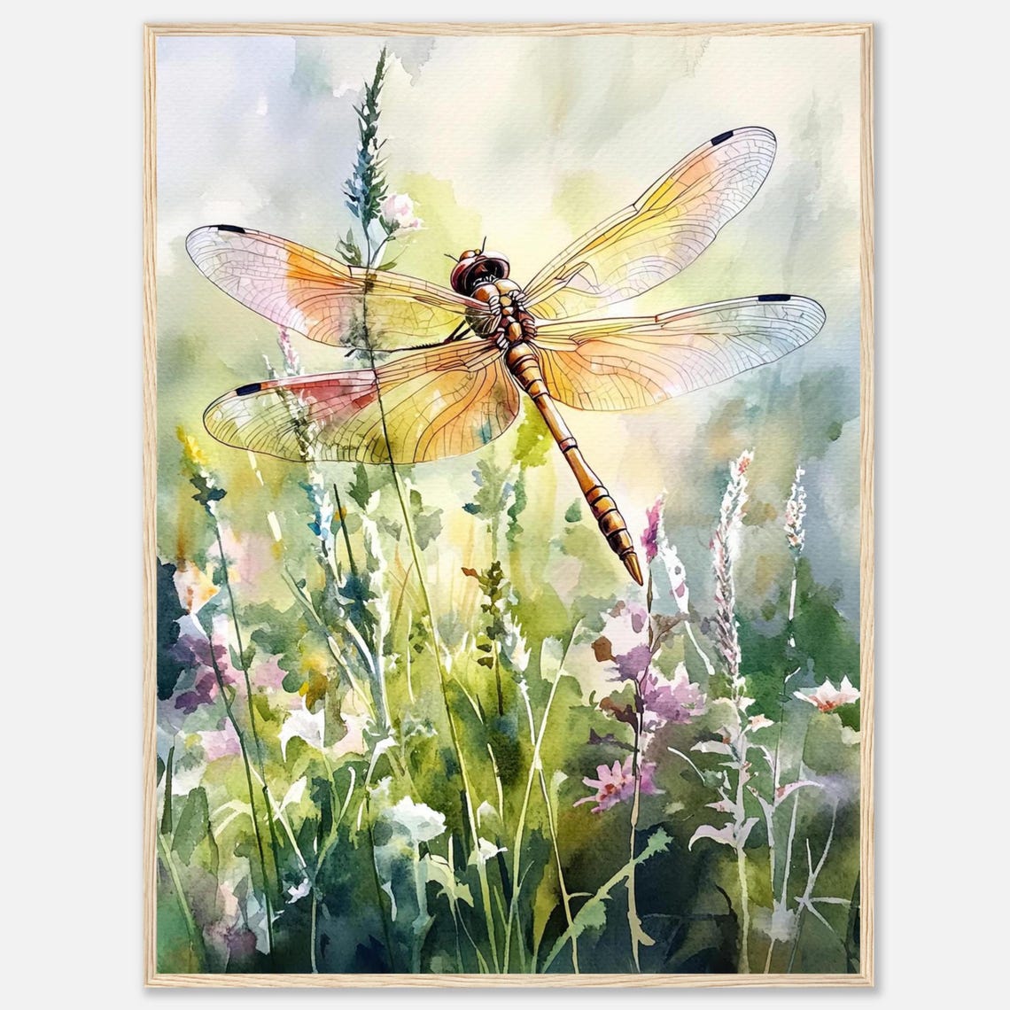 Golden Dragonfly Watercolor Botanical Insect Illustration Poster
