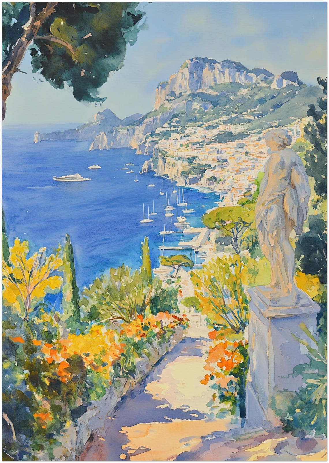 Capri Italy Coastline Statue Watercolor Bay Sailboats Poster