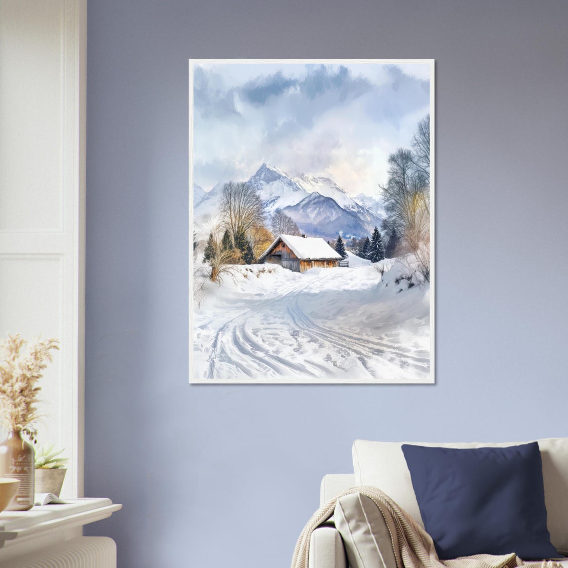 Alps Winter Cabin Watercolor Snowy Mountain Landscape Poster - Image 2
