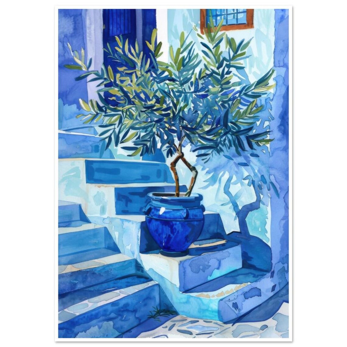 Olive Tree in Cobalt Blue Pot on Painted Blue Stairs Watercolor Print - Image 3