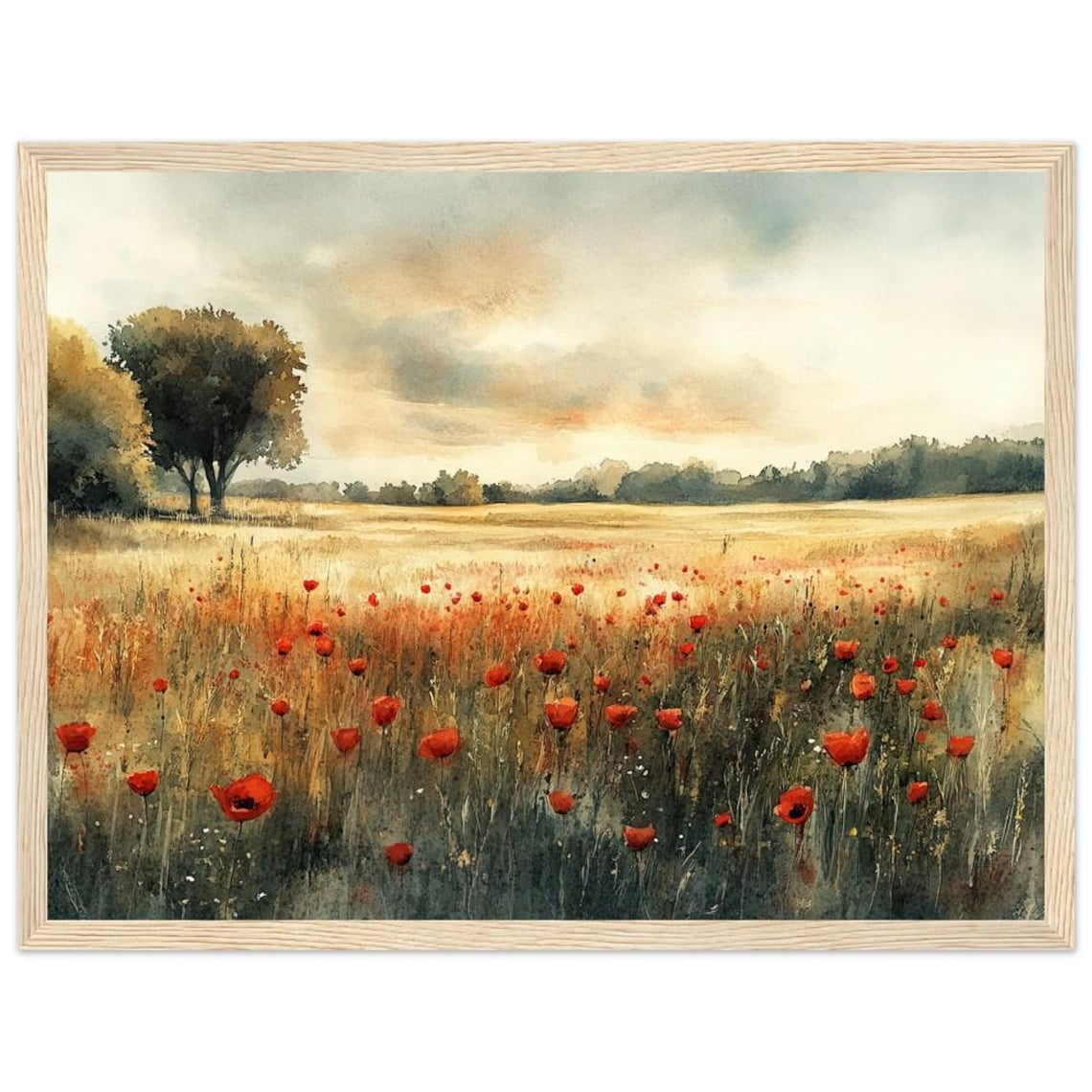 Red Poppies Wildflower Field Watercolor Sunset Meadow Poster