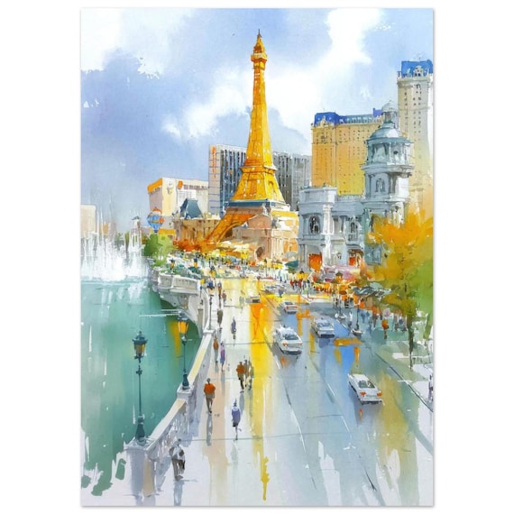 Las Vegas Strip Eiffel Tower Replica Daytime Watercolor Poster