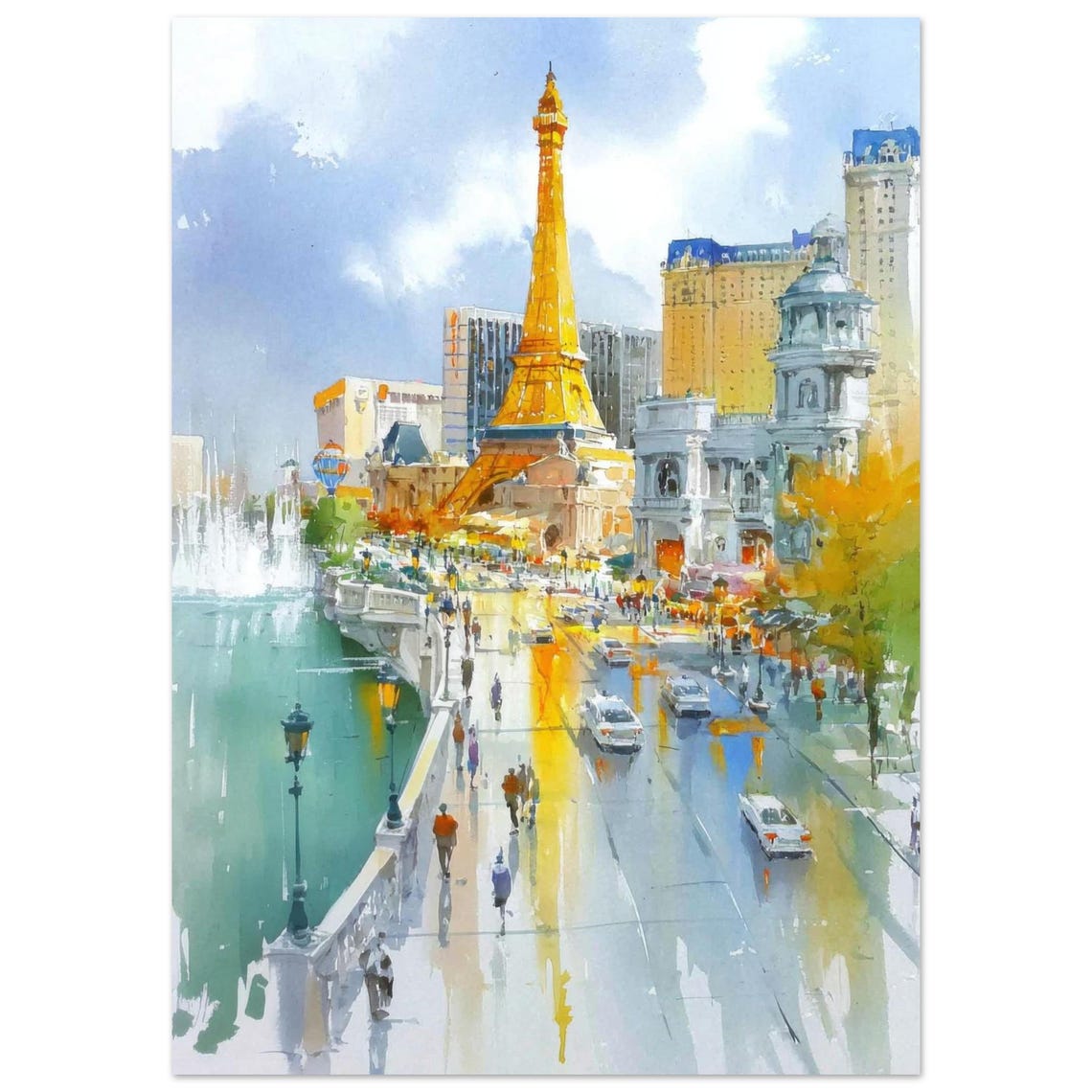 Las Vegas Strip Eiffel Tower Replica Daytime Watercolor Poster