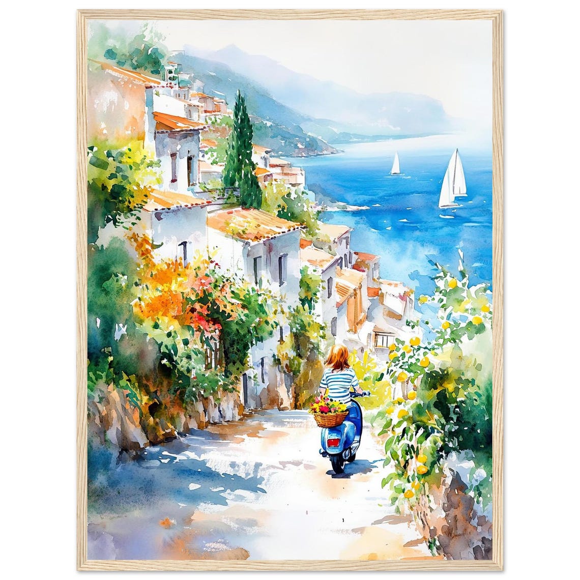 Amalfi Coast Scooter Girl Sunlit Seaside Village Watercolor Poster