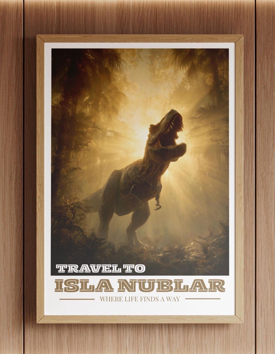 Trex Golden Sunrays Poster, Retro Jungle Travel Print