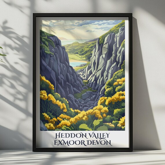 Heddon Valley Exmoor Devon Print Travel Poster Uk Coastal Wall Art Gift