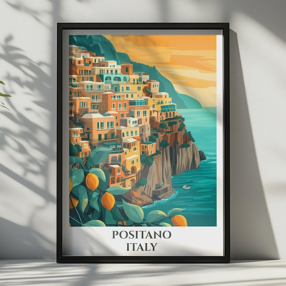 Positano Italy Travel Poster Amalfi Coast Wall Art Italian Coastal Print Lemon Decor