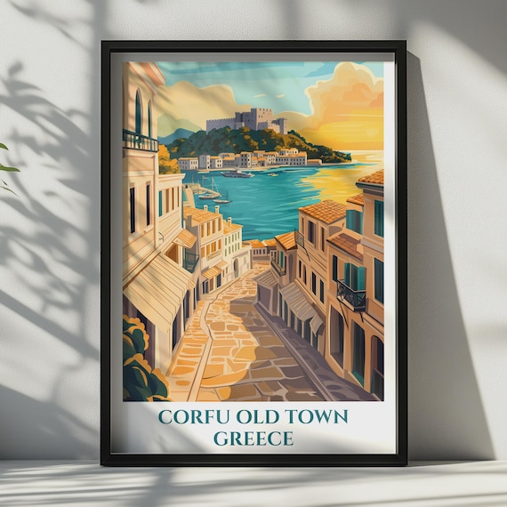 Corfu Old Town Greece Vintage Travel Poster Cobblestone Harbor