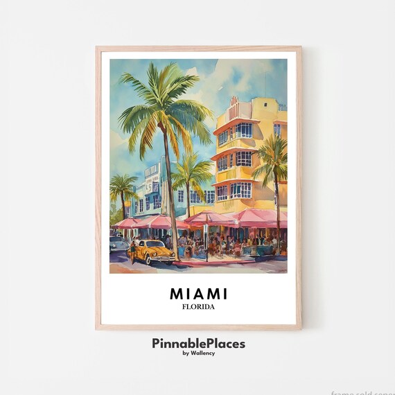 Miami Florida Art Deco Hotel Pink Umbrellas Watercolor Poster