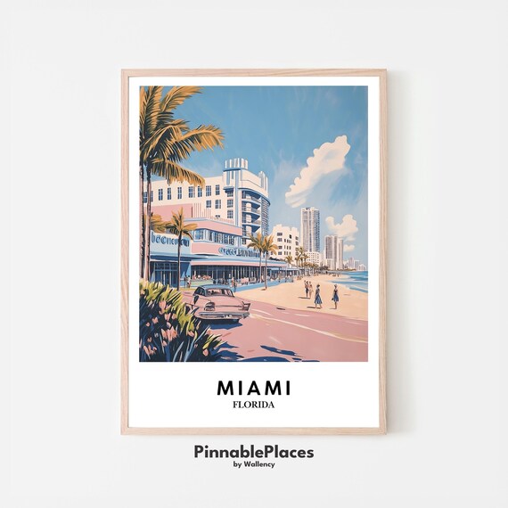 Miami Art Deco Watercolor Poster Florida Classic Car Palm Beach Travel