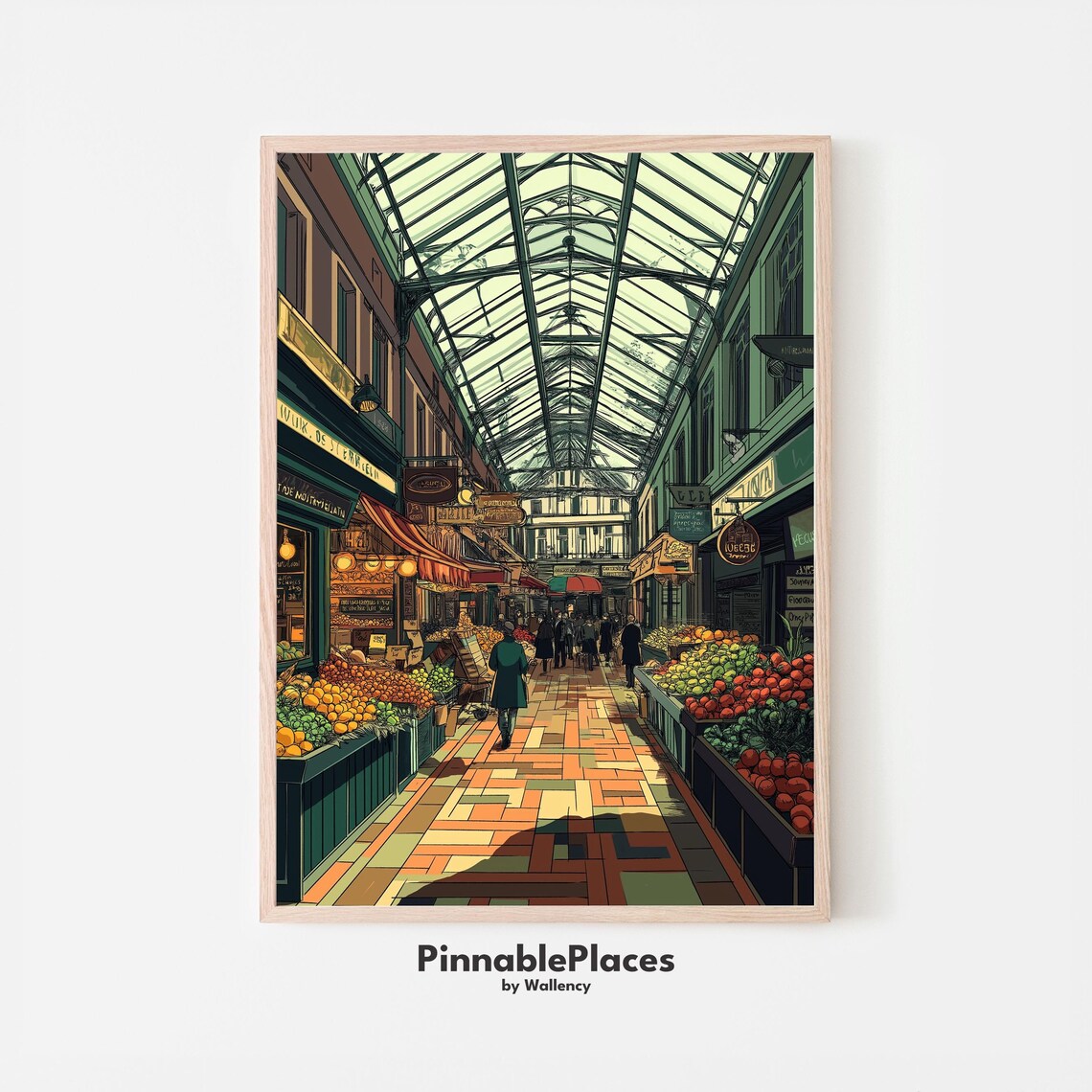 Vintage Covered Market Hall Produce Stalls Illustration Art Poster