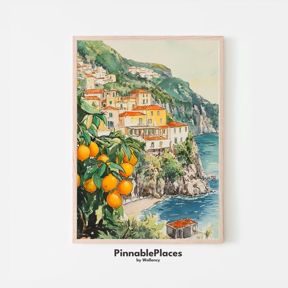 Amalfi Coast Watercolor Print Lemon Tree Italy Seaside File