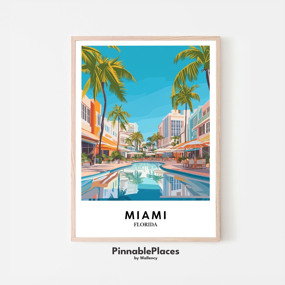 Miami Florida Art Deco Street Palm Trees Pool Retro Travel Poster