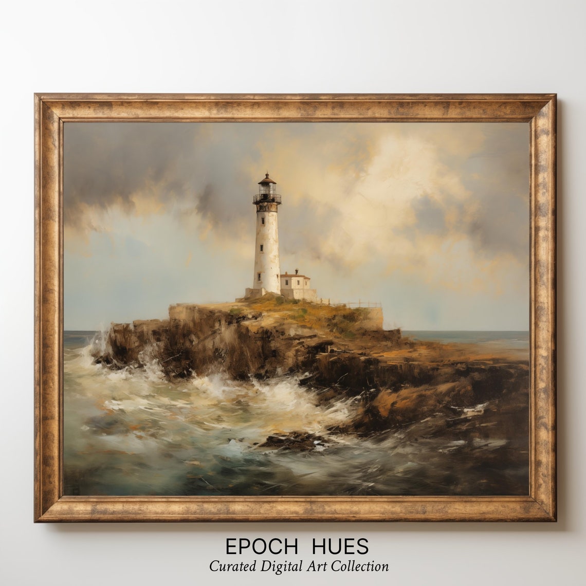 White Lighthouse on Rocky Cliff With Crashing Waves Art Poster