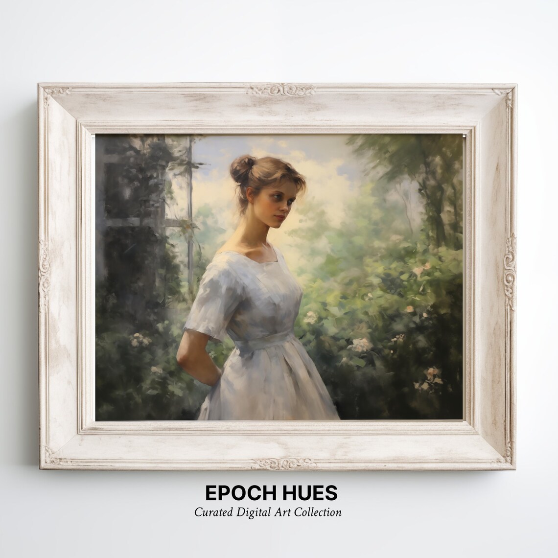 Young Woman In A White Dress Garden Portrait Soft Classic Poster