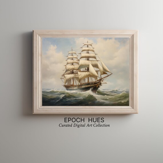 Tall Ship Full Sails Rough Seas Classic Maritime Painting Poster