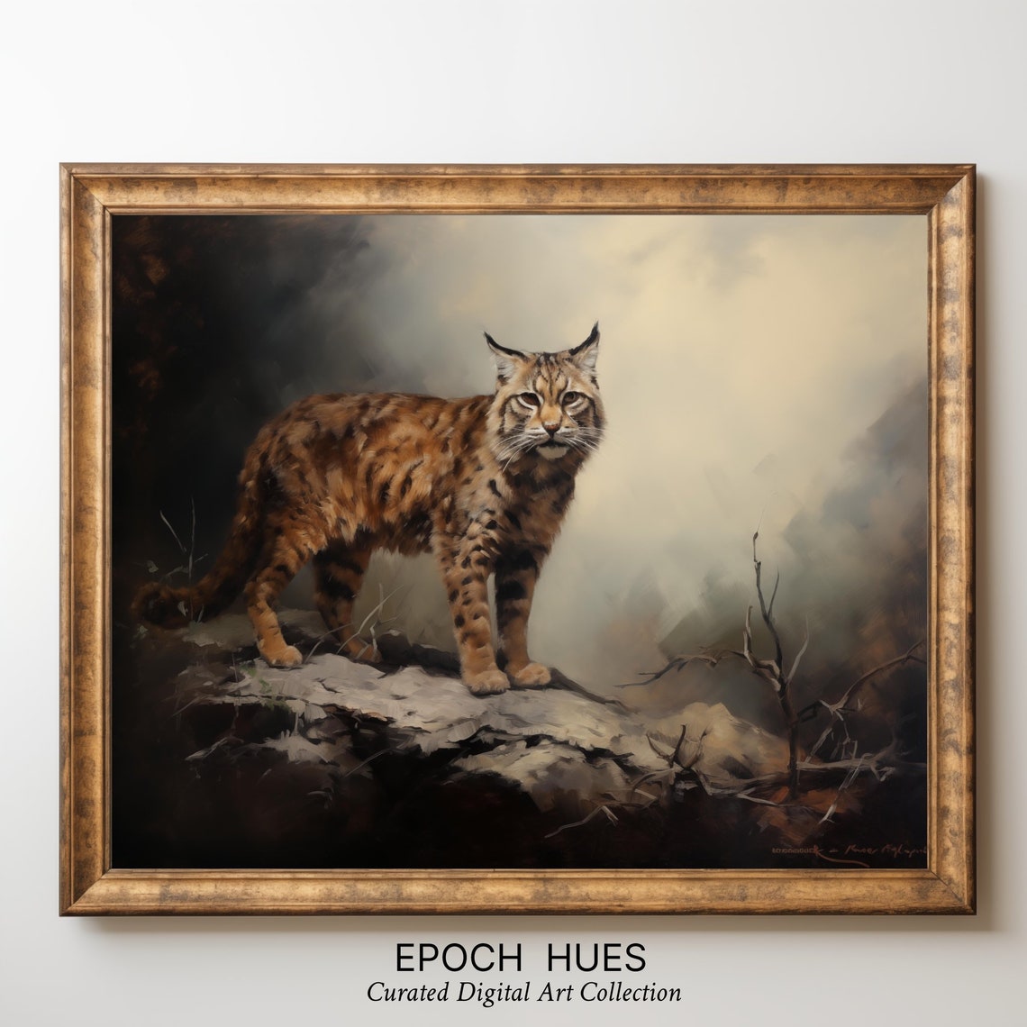 Bobcat Standing on Rocky Ledge in Mist Dramatic Wildlife Poster