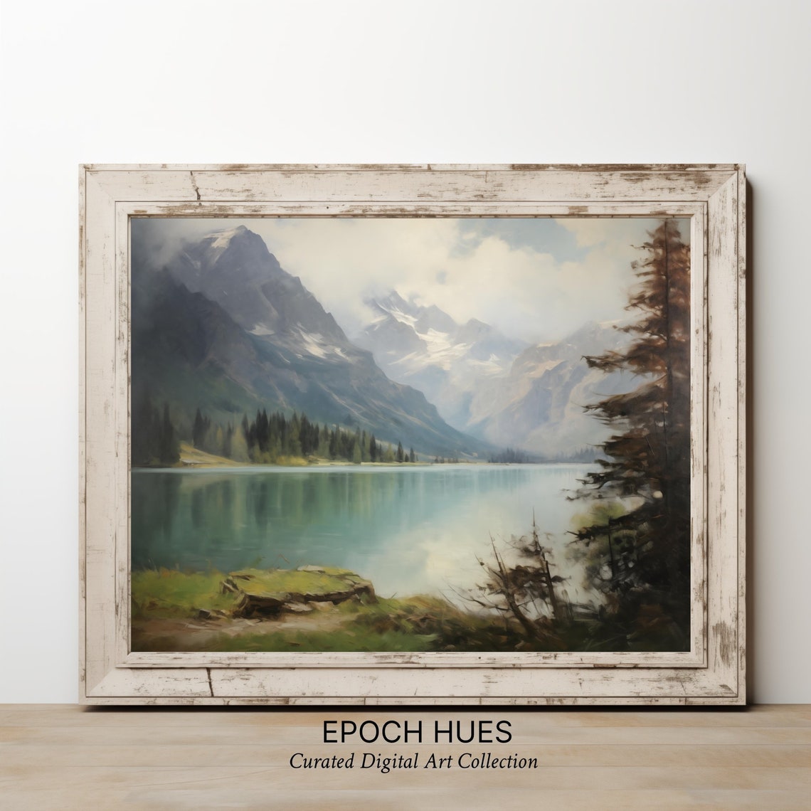 Serene Alpine Lake Landscape Snow Capped Peaks Painting Poster - Image 2