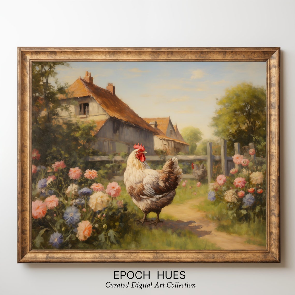 Proud Rooster on Garden Path Poppies Cornflowers Farm Poster