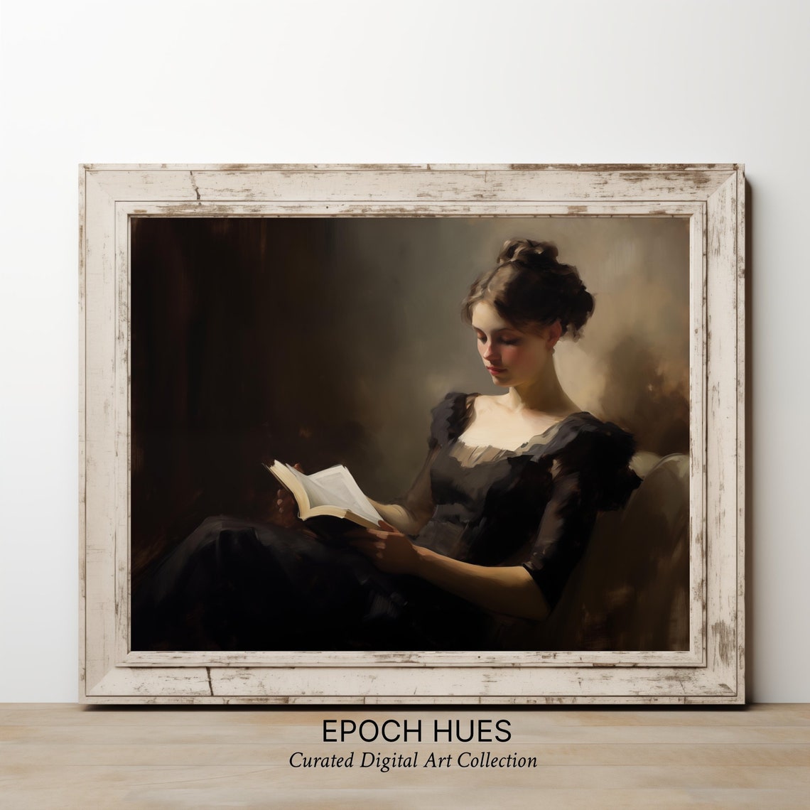 Elegant Woman Reading Book in Warm Interior Vintage Style Poster - Image 2