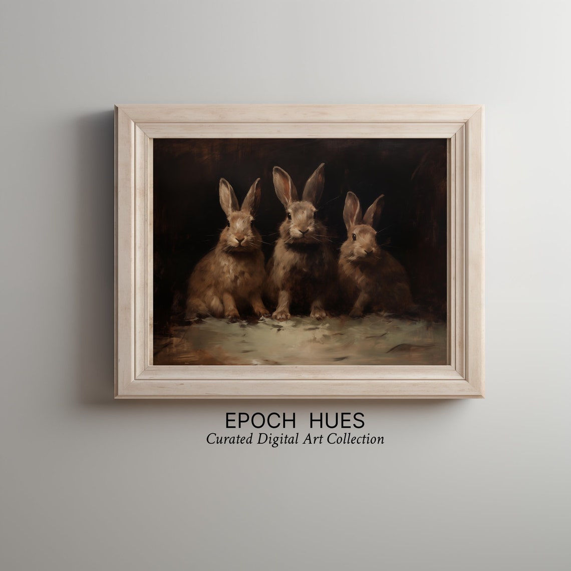Three Brown Rabbits Sitting in a Row Vintage Bunny Painting Poster - Image 2