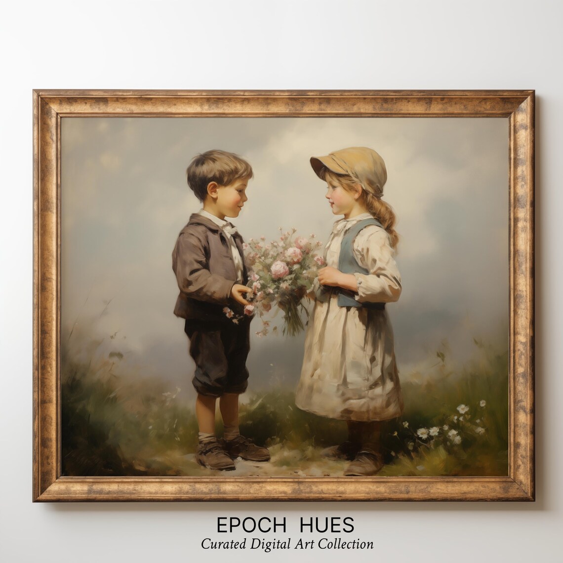 Boy Giving Girl Pink Flowers Vintage Meadow Children Artwork Wall Art