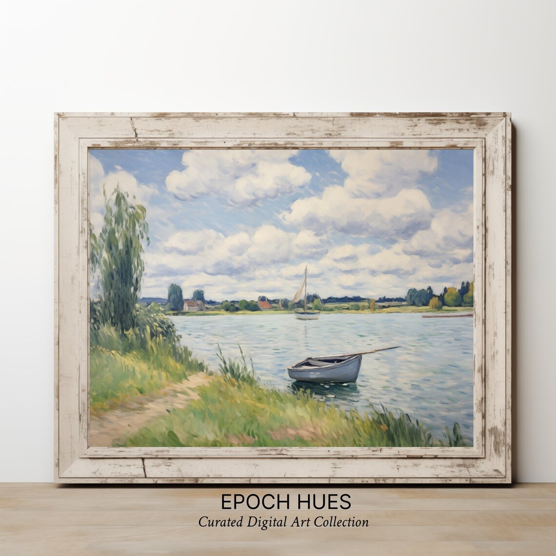 Impressionist Lake Sailboat Rowboat Willow Shore Morning Poster