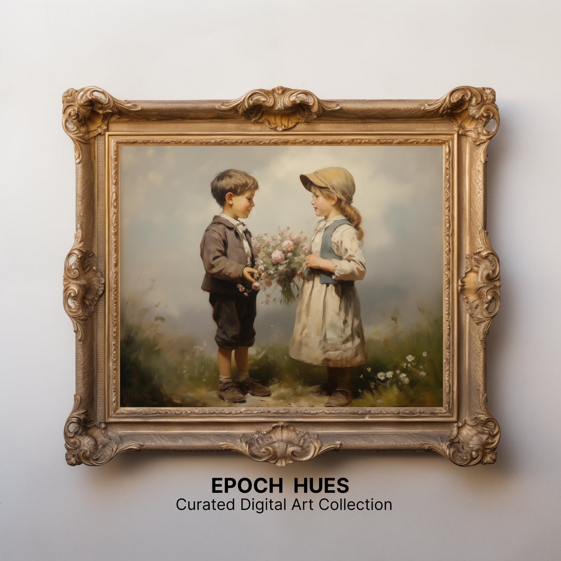 Boy Giving Girl Pink Flowers Vintage Meadow Children Artwork Wall Art - Image 3