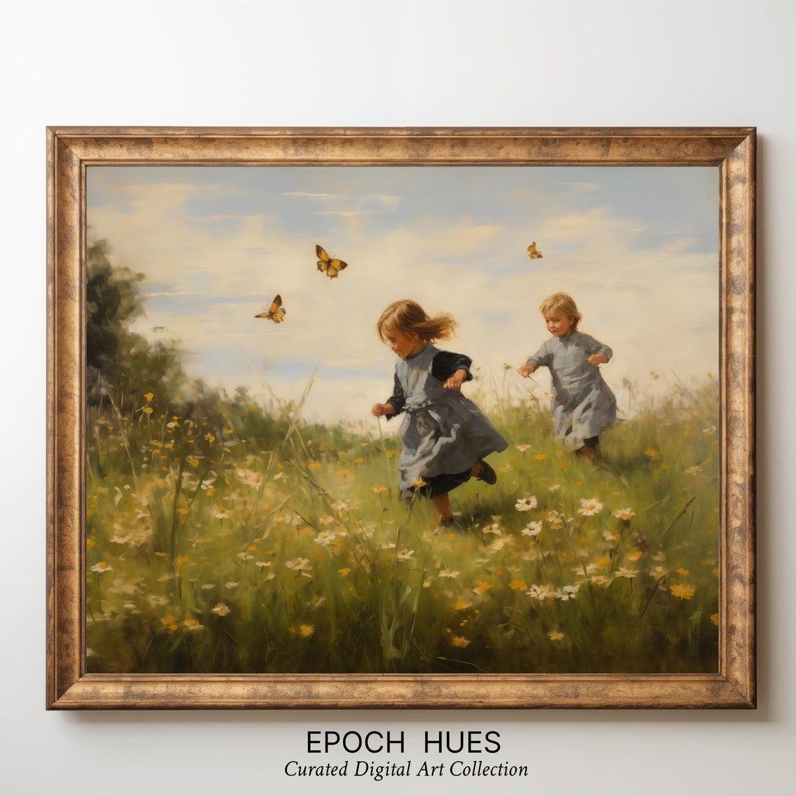 Children Chasing Butterflies in Wildflower Meadow Joyful Art Poster