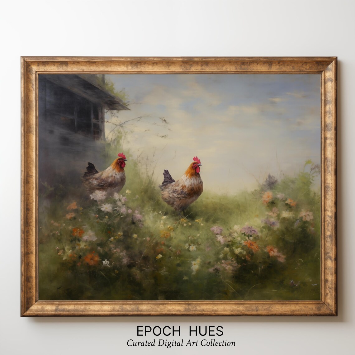 Two Chickens In A Wildflower Meadow Moody Vintage Farm Print