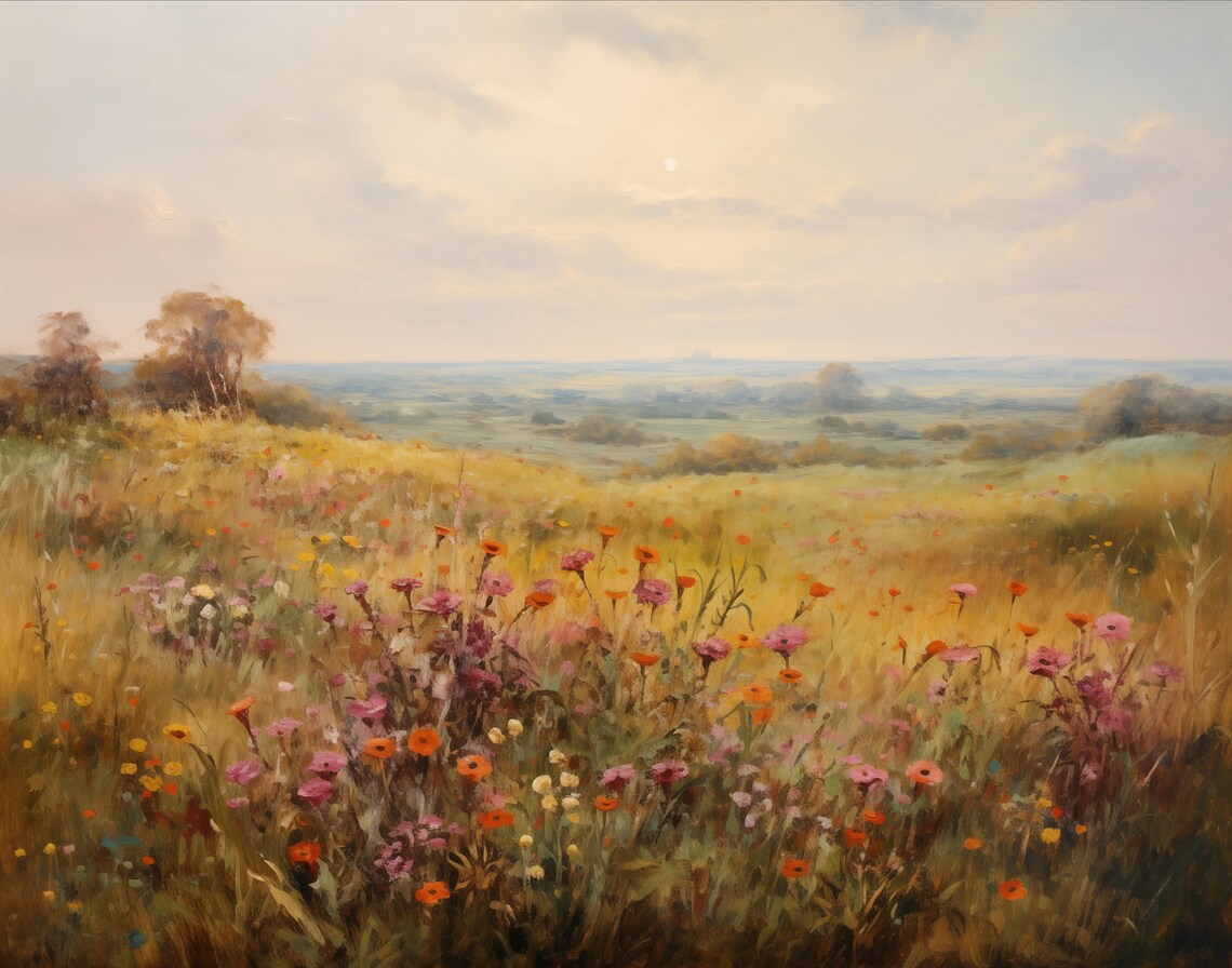 Golden Meadow Wildflower Landscape at Sunrise Oil Painting Poster - Image 2