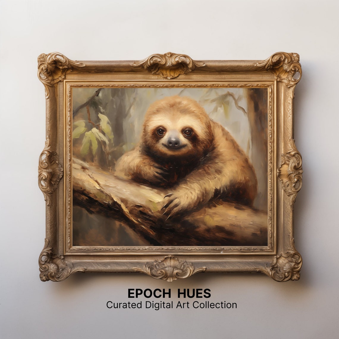 Smiling Sloth Resting on Tree Branch Adorable Jungle Art Poster - Image 3