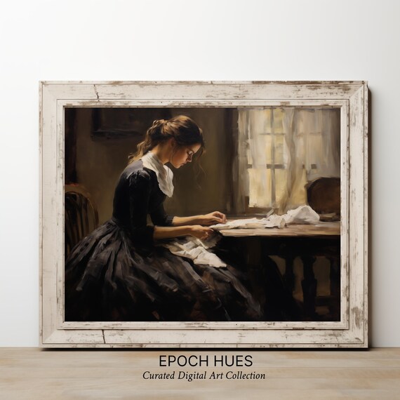 Classic Young Woman Writing A Letter By A Window Vintage Print