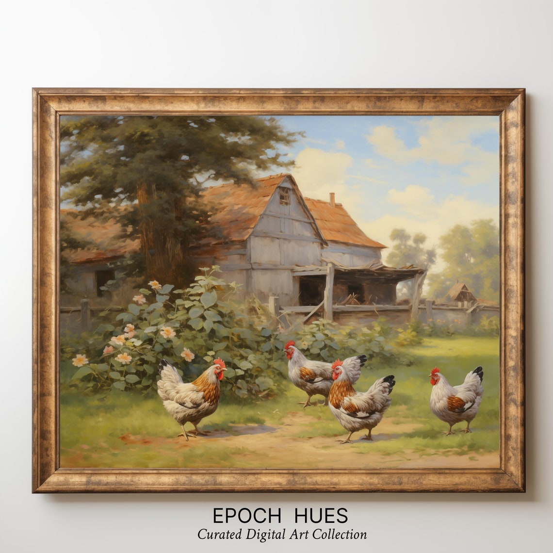 Four Chickens In A Sunny Farmyard Rustic Barn Scene Art Print