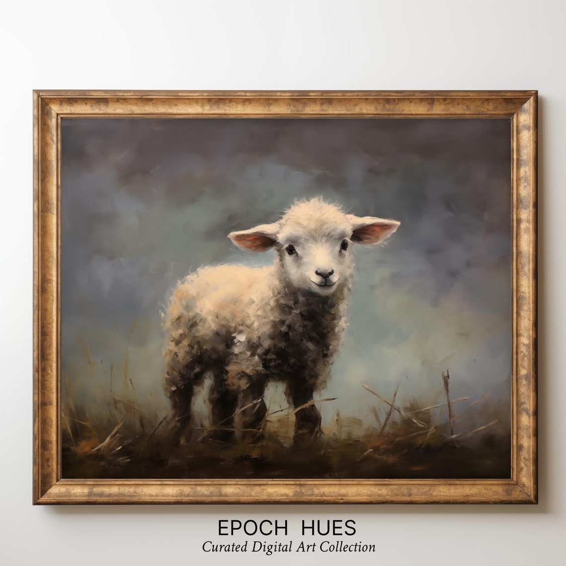 Fluffy White Lamb Standing in Misty Meadow Pastoral Art Poster