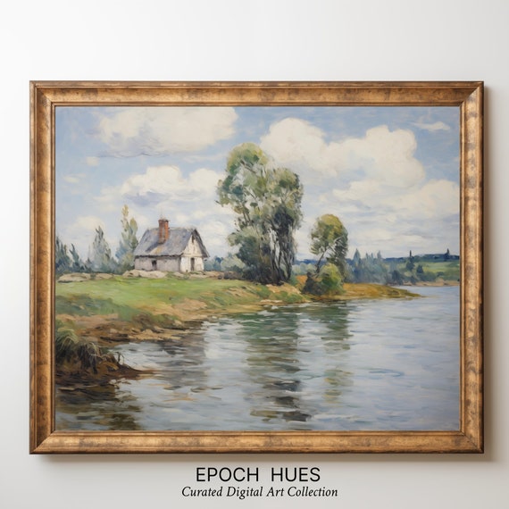 Impressionist Landscape Painting Riverside Cottage Art Wall Decor Scenic Nature