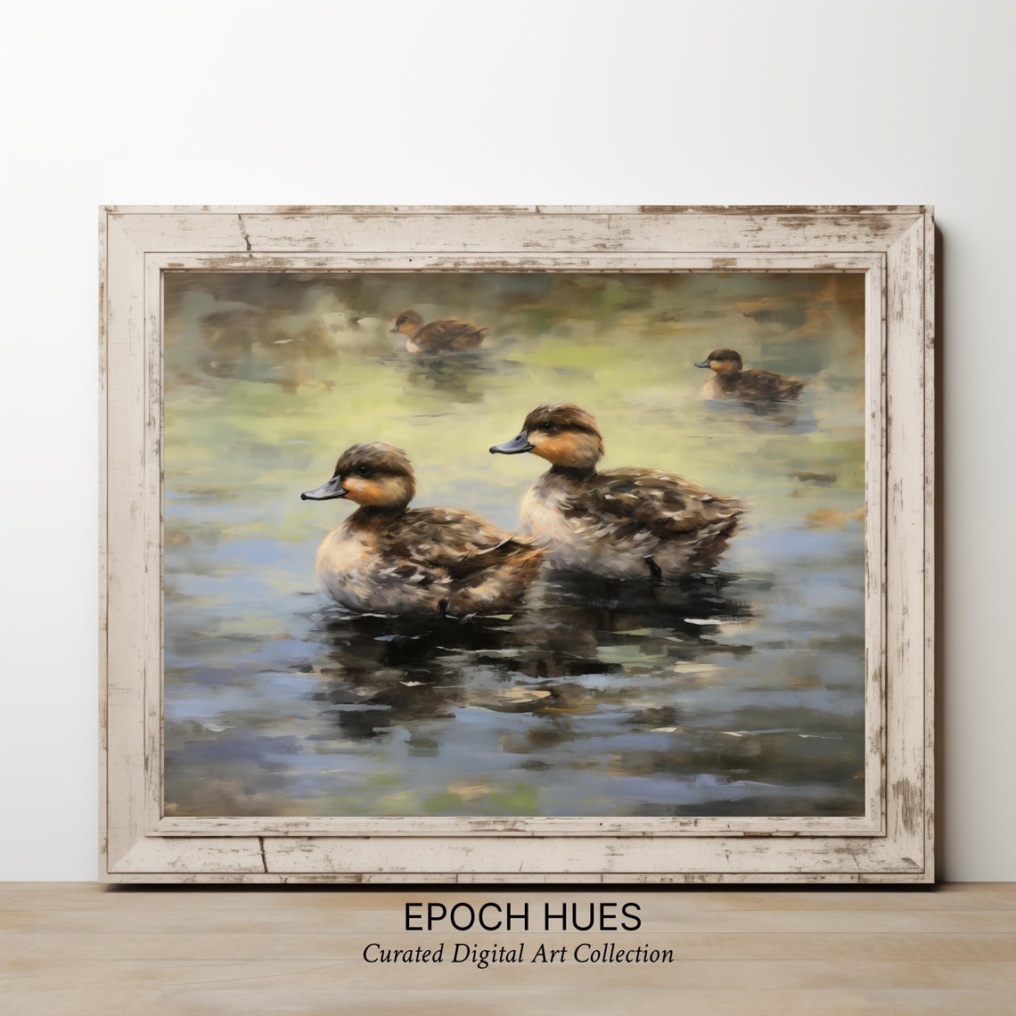 Four Ducks Gliding Across Calm Pond Soft Wildlife Painting Poster - Image 3