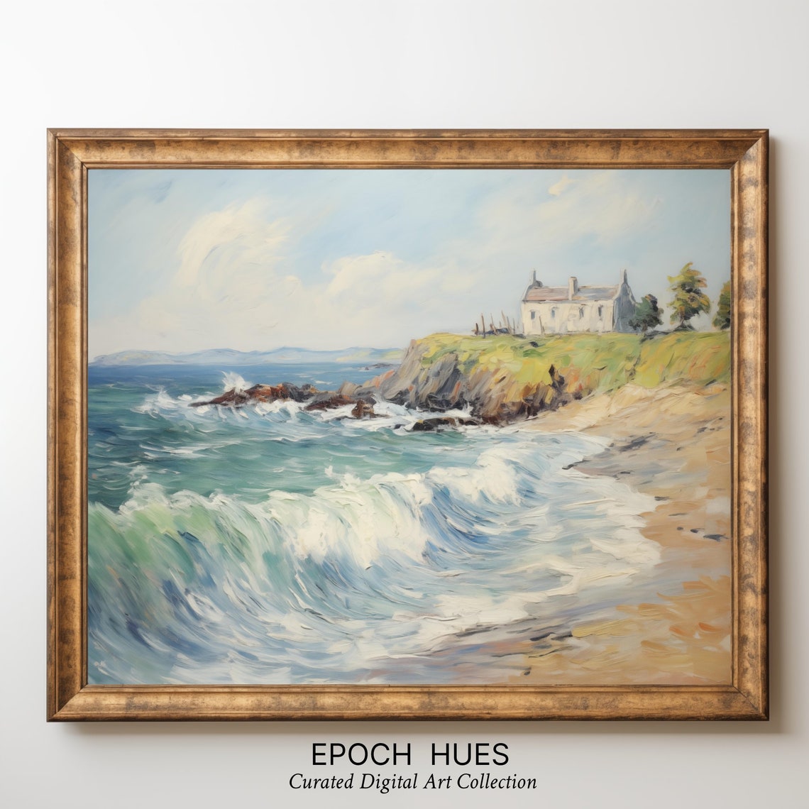 Coastal Cliff Cottage Ocean Waves Impressionist Seascape Poster - Image 3