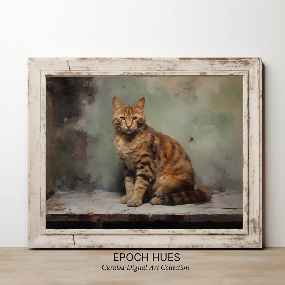 Ginger Tabby Cat Sitting on Table Warm Vintage Pet Portrait Poster - Image 2