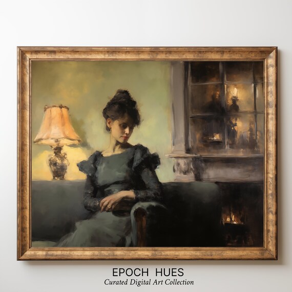 Woman By A Lamplit Fireplace Moody Vintage Interior Art Poster