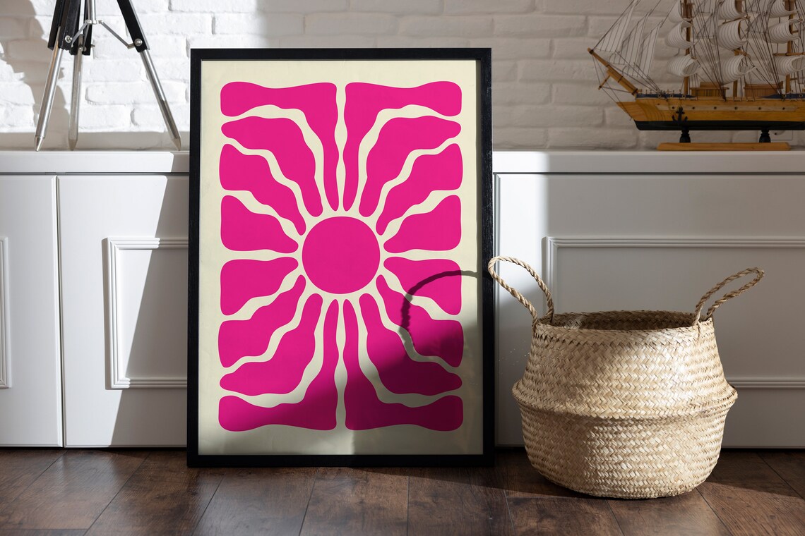 Hot Pink Retro Sunburst Flower Poster with Black Frame Decor - Image 2
